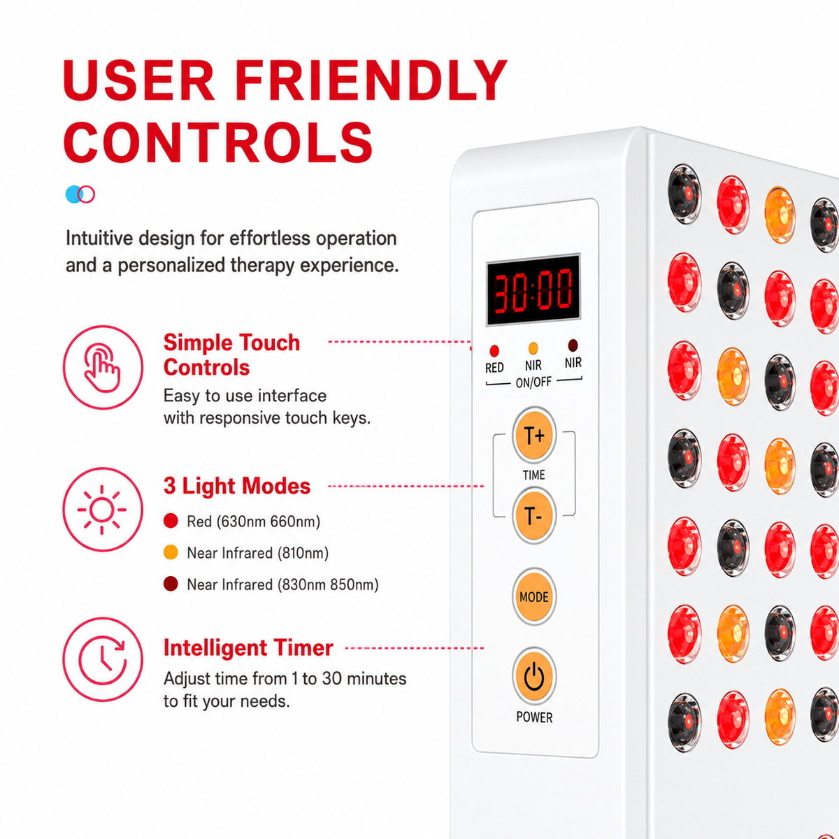 iReliev 2400W control panel with touch keys, three light modes and a 1 to 30 minute timer