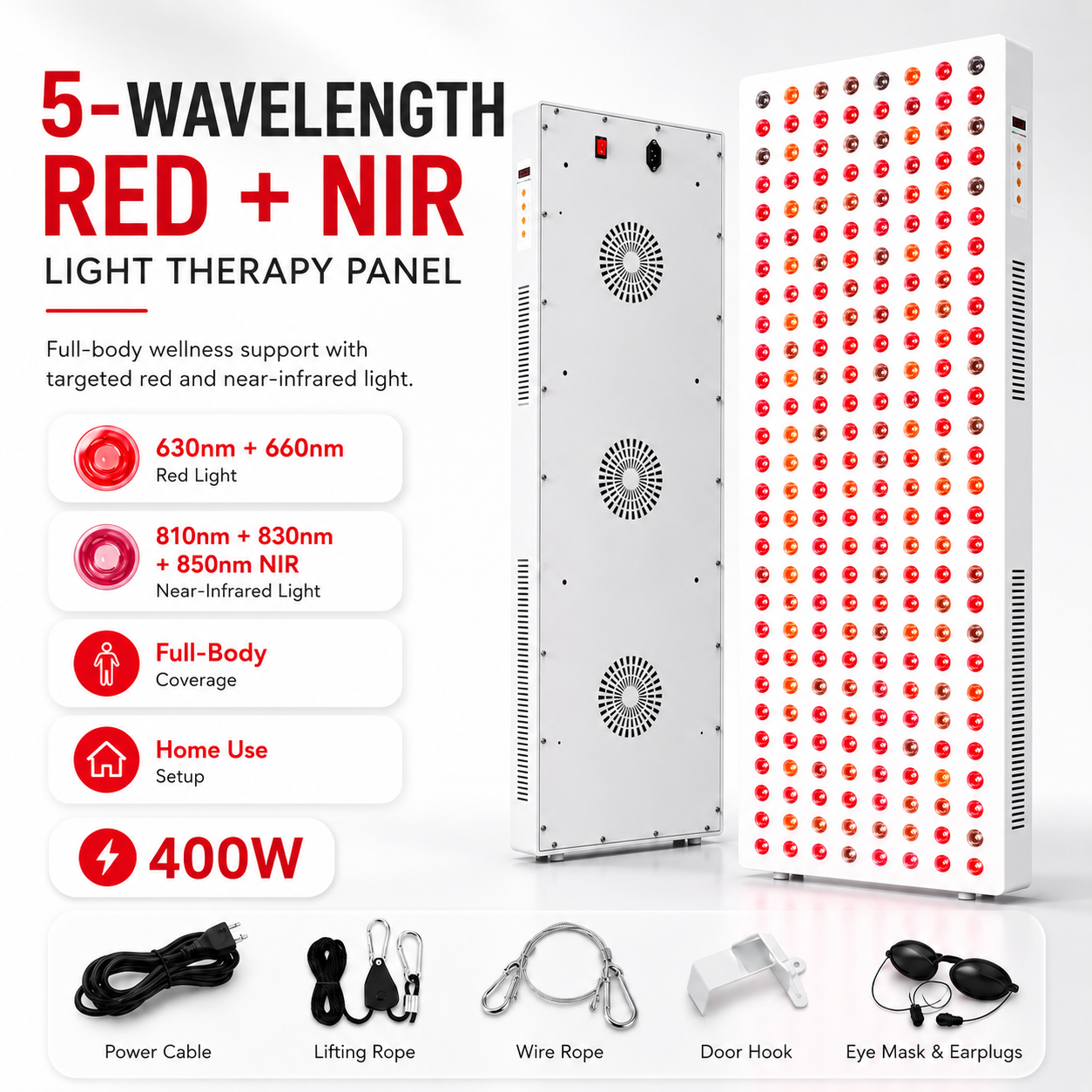 iReliev panel wavelength chart with power cable, lifting rope, wire rope, door hook and eye mask