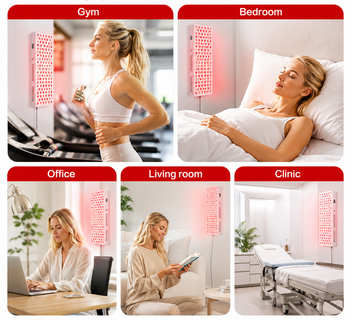 iReliev panel shown installed in a gym, bedroom, office, living room and clinic