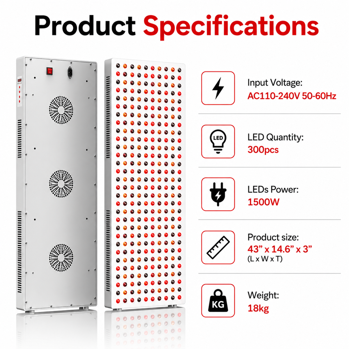 iReliev 1500W panel specifications: 300 LEDs, 43 by 14.6 by 3 inches, 18 kg, AC110-240V