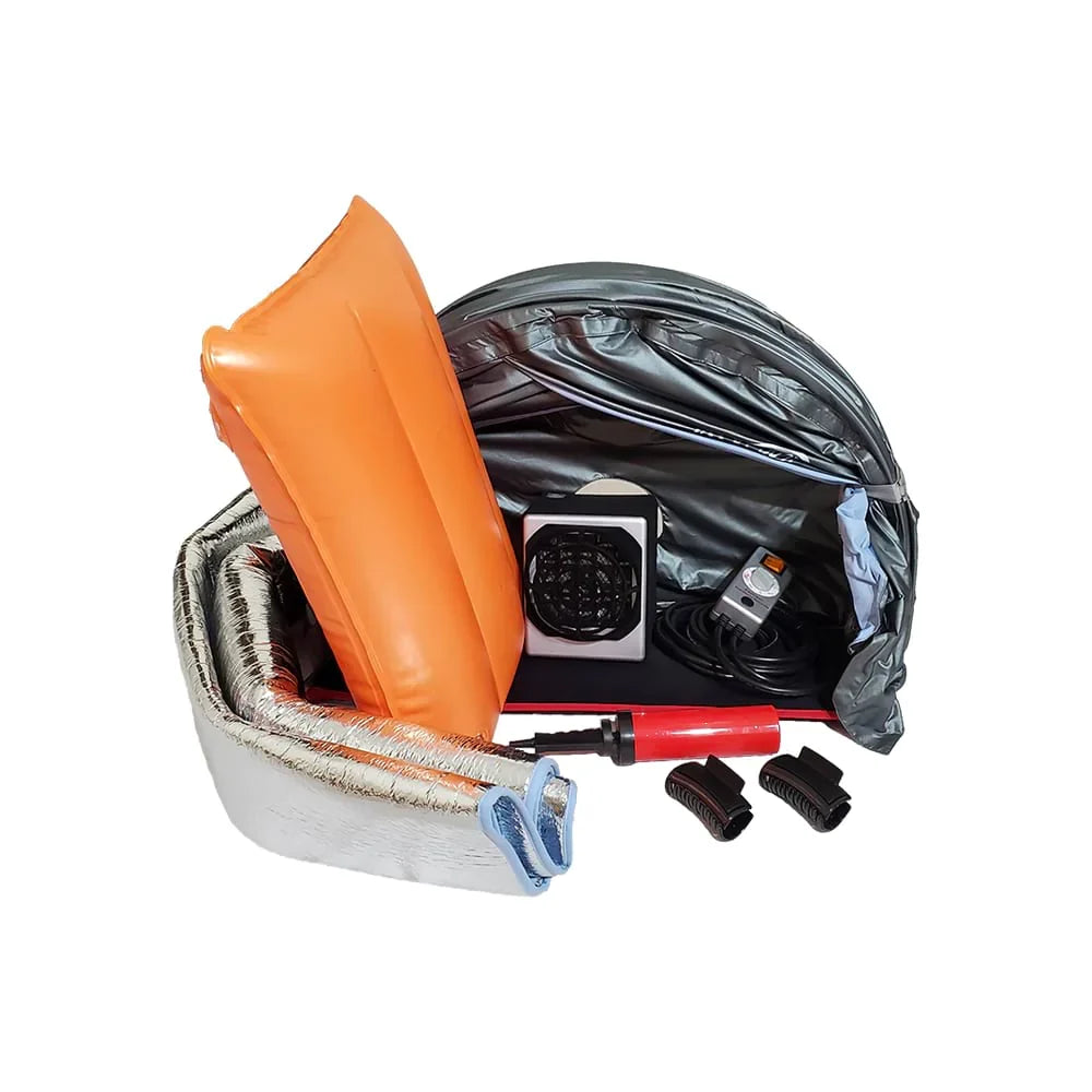 Relax Flex sauna parts included: reflective mat, inflatable pillow, heater unit, pump and fittings