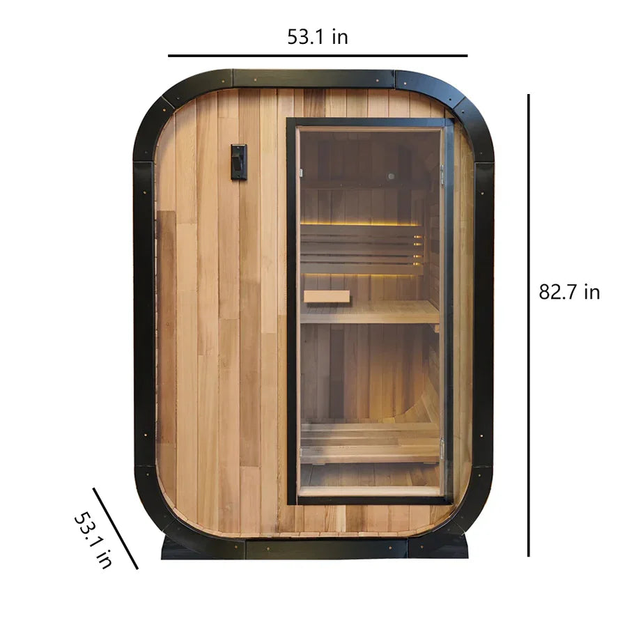 Panoramic cedar barrel sauna with glass front