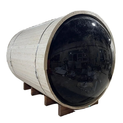 Red cedar barrel sauna, end view showing the round barrel shape