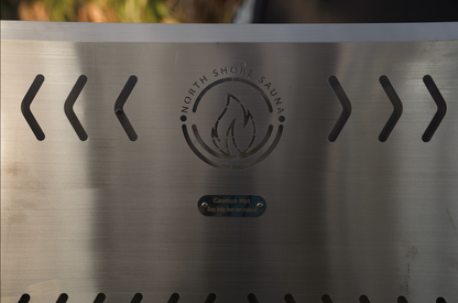 Portable stainless steel sauna tent wood stove with vent cutouts and chimney collar, North Shore Sauna