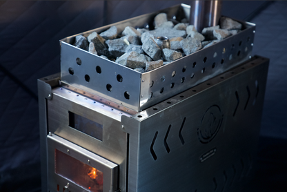 Stainless steel wood-burning tent stove with sauna stone basket and glass fire door