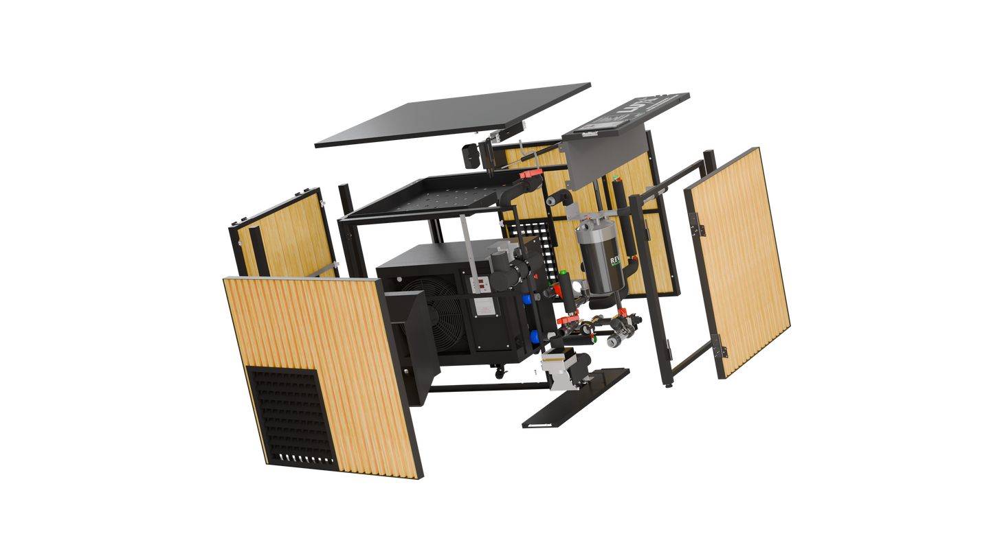 Exploded view of the LUX chiller cabinet with the wood panels separated from the frame