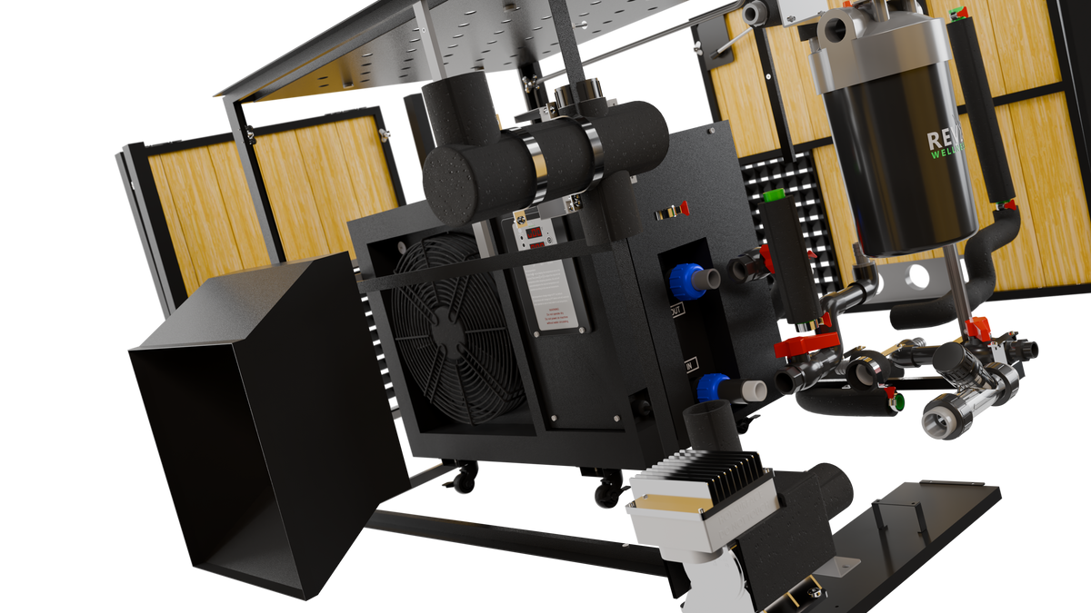 Exploded view of the LUX chiller cabinet showing the compressor, fan and filtration assemblies
