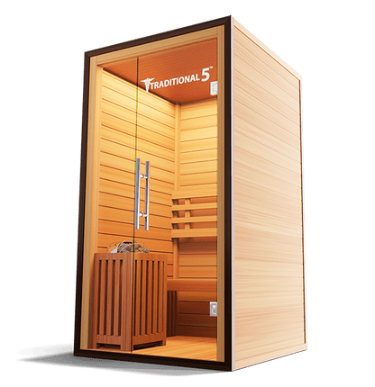 1-person traditional steam sauna in hemlock, front view