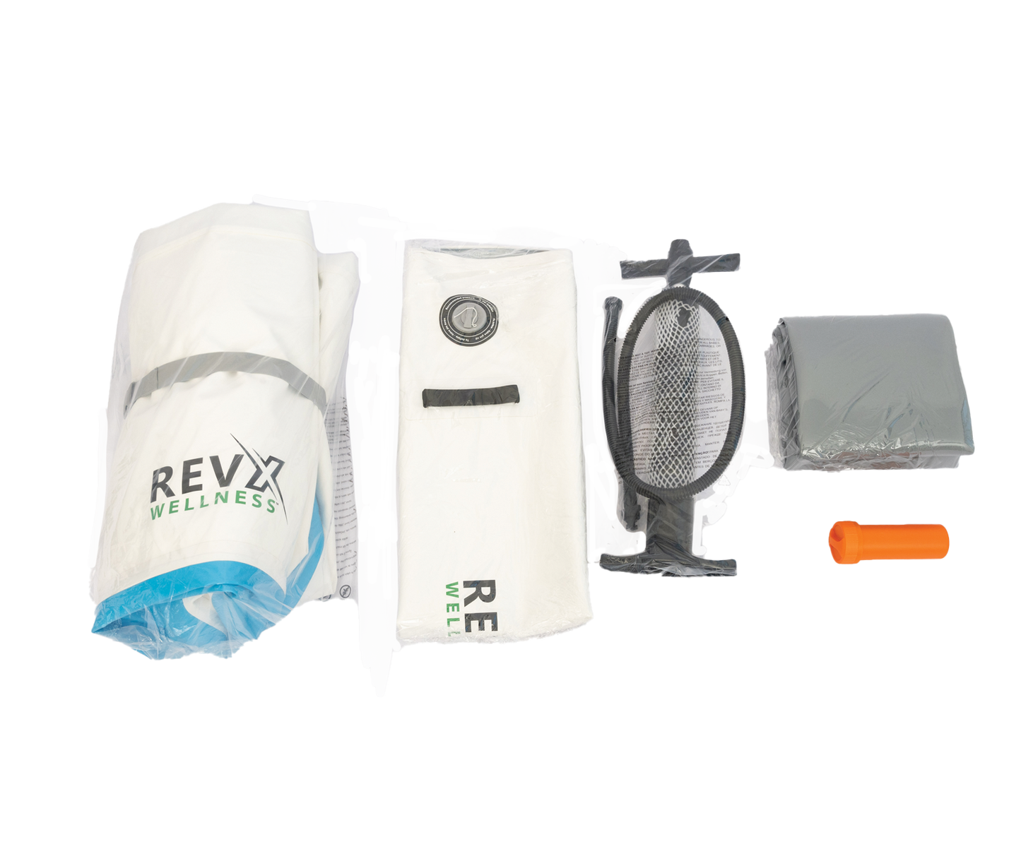 RevX Inflatable Classic parts laid out: rolled tub, lid, air pump, protection mat and repair kit