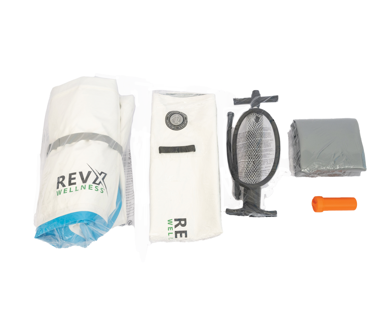 RevX Inflatable Classic parts laid out: rolled tub, lid, air pump, protection mat and repair kit