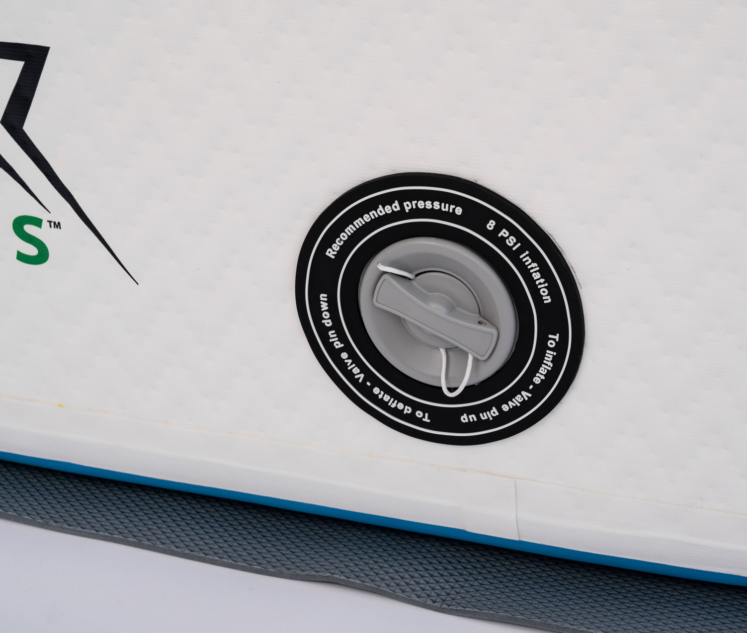 Inflation valve on the RevX Inflatable Classic marked with a recommended 8 PSI pressure