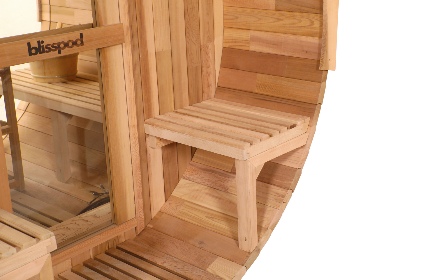 Close view of a front porch seat on the Blisspod Prague barrel sauna