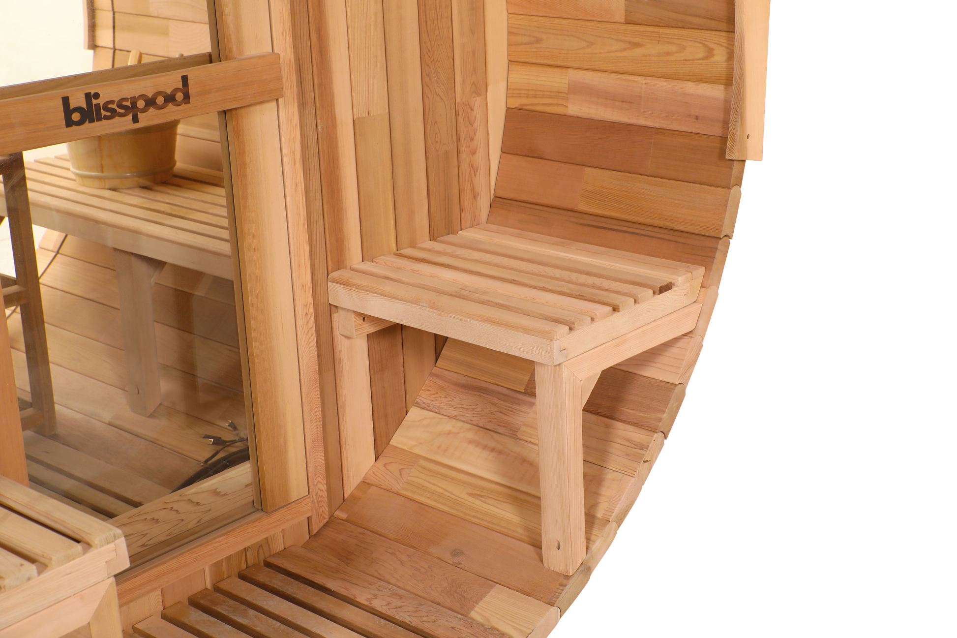 Close view of a front porch seat on the Blisspod Prague barrel sauna