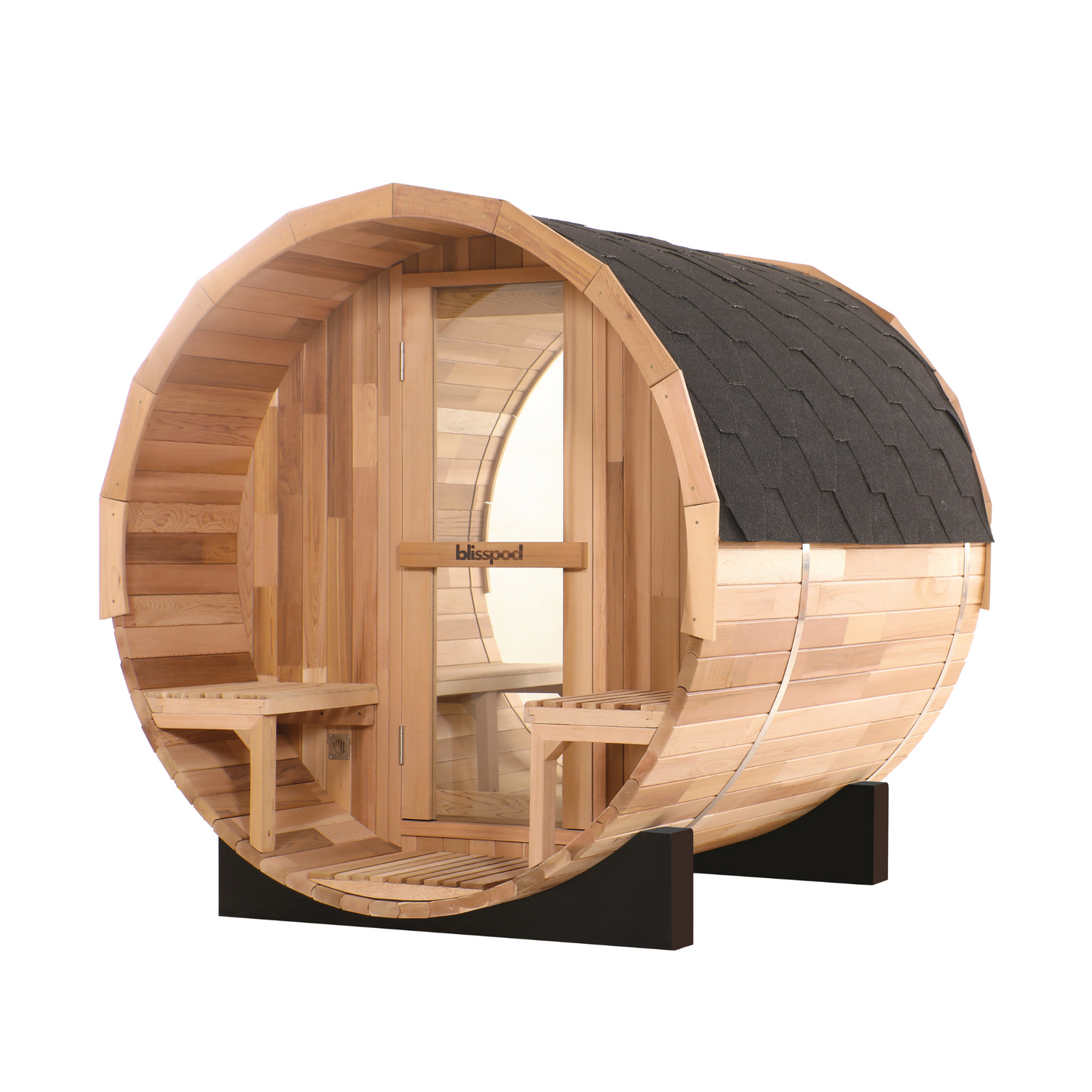 Blisspod Prague barrel sauna three quarter view showing the shingled roof and porch seats