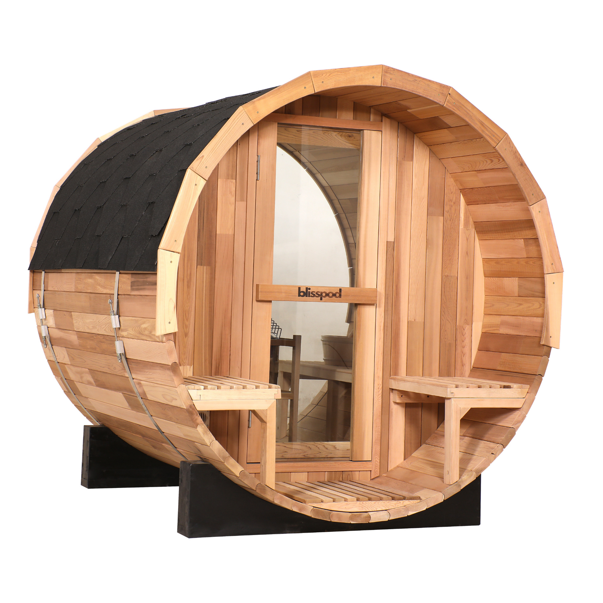 Blisspod Prague barrel sauna angled view with the door closed and shingled roof visible