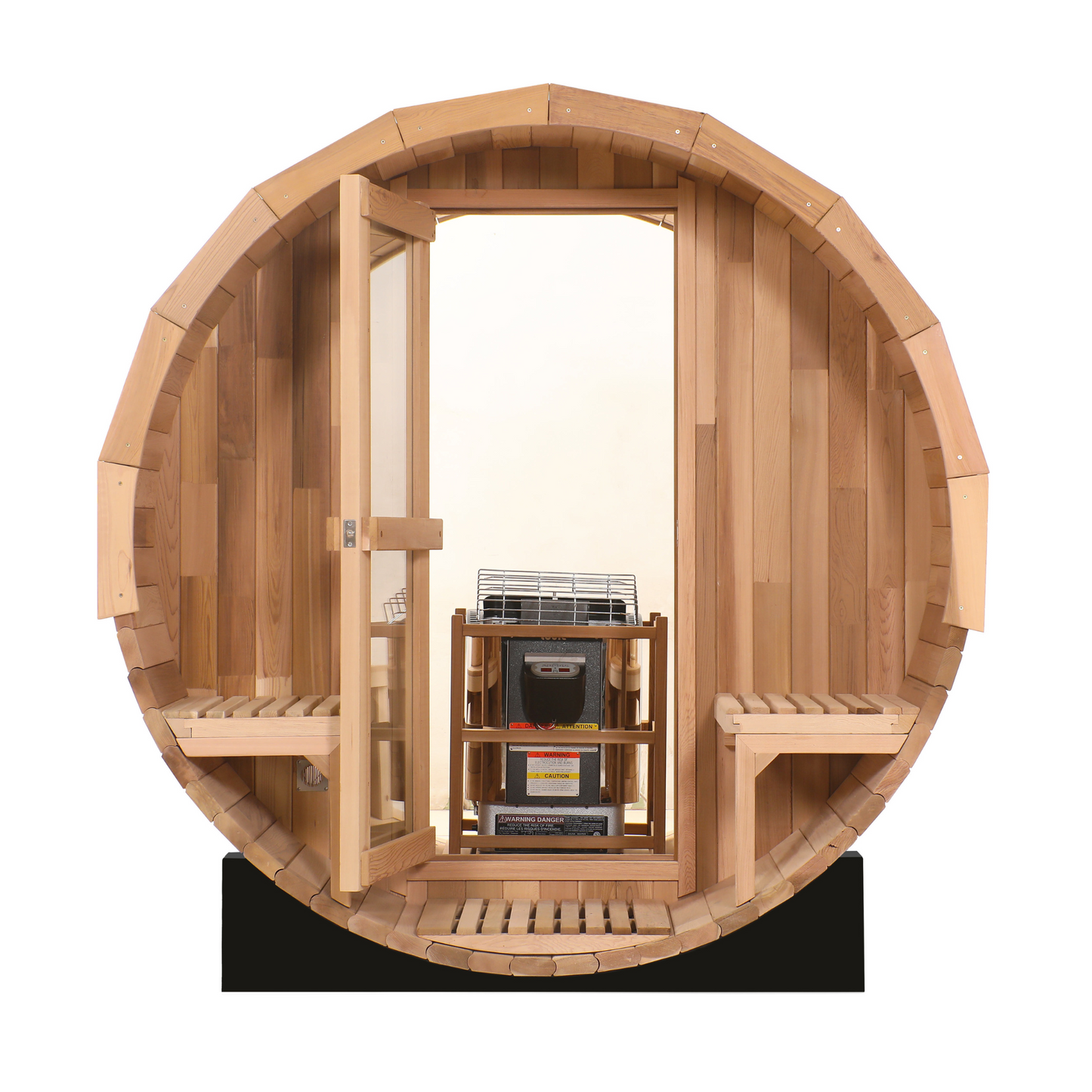 Blisspod Prague barrel sauna with the glass door open showing the heater and interior