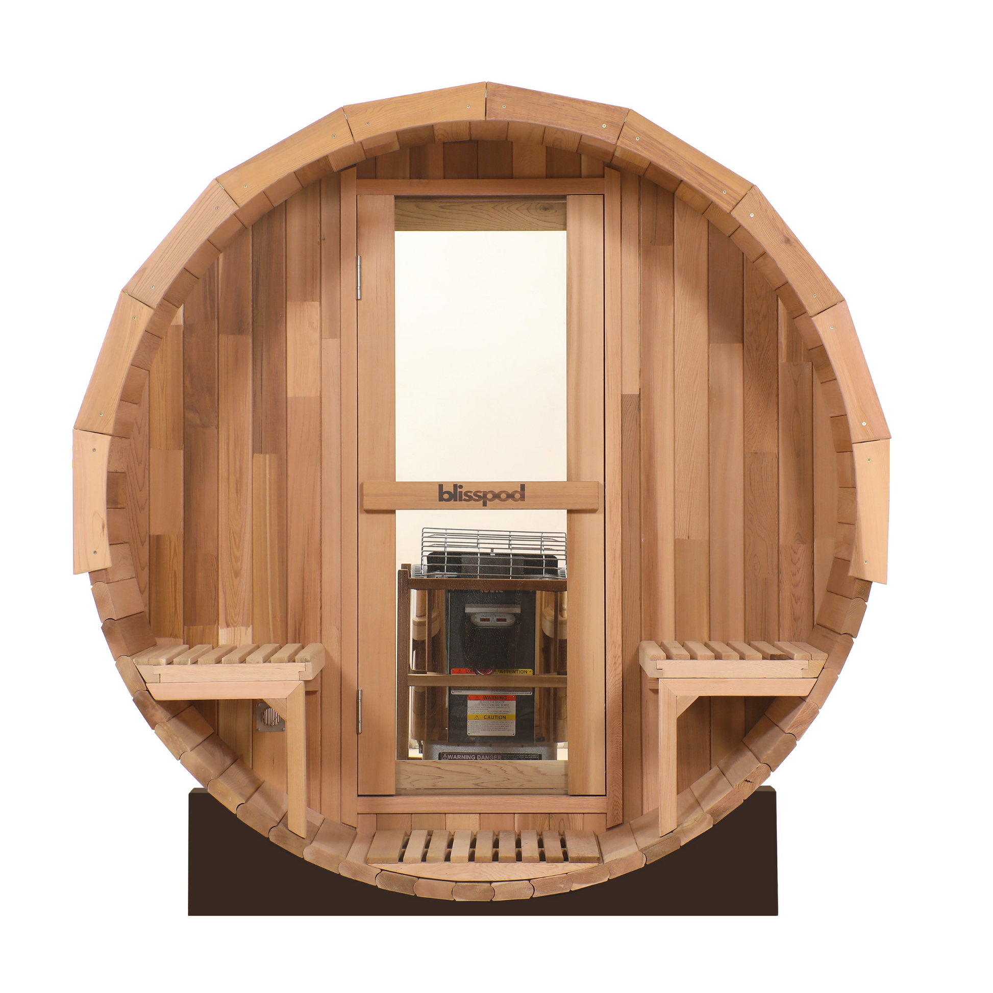 Blisspod Prague Canadian red cedar barrel sauna front view with porch seats and glass door