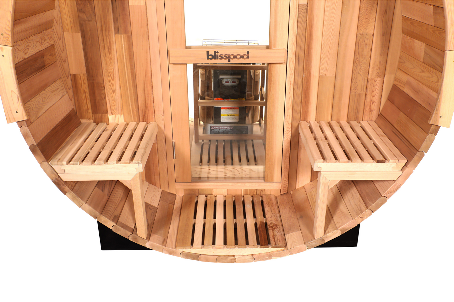 Both front porch seats and the entry decking on the Blisspod Prague barrel sauna