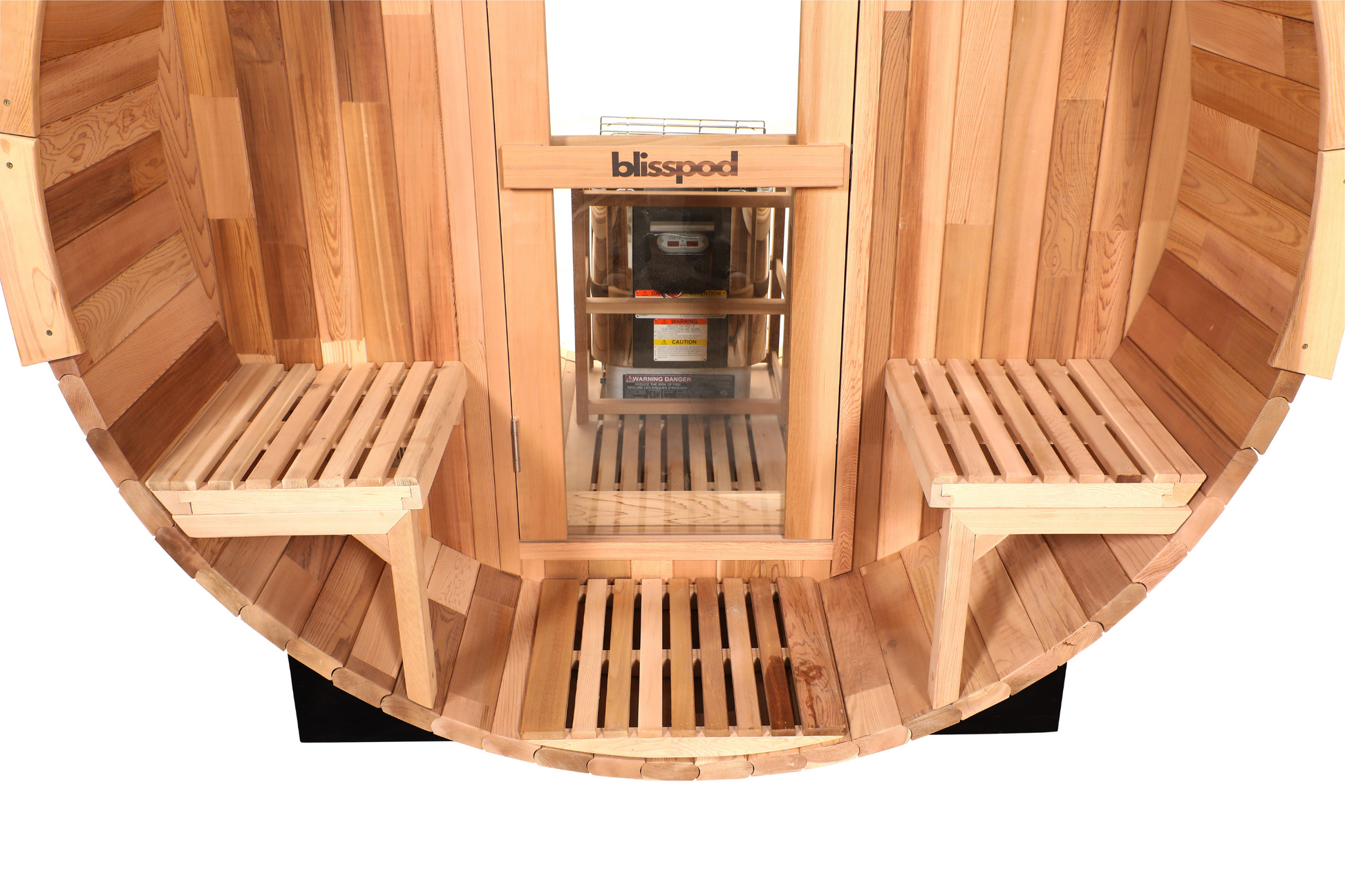 Both front porch seats and the entry decking on the Blisspod Prague barrel sauna