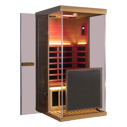 909MX 1-person ultra-low EMF infrared sauna with 270 degree glass and light therapy, additional view