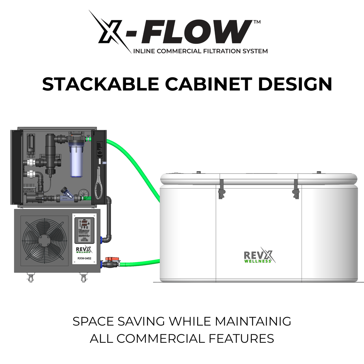 RevX X-FLOW stackable cabinet design shown mounted above a chiller beside a cold plunge tub