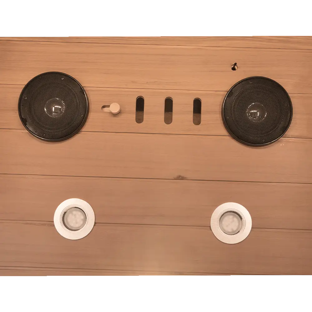 909MX 1-person ultra-low EMF infrared sauna with 270 degree glass and light therapy, feature detail