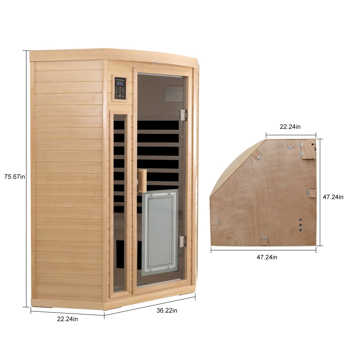 Low EMF hemlock corner sauna dimensions diagram with 47.24 inch footprint and 75.67 inch height