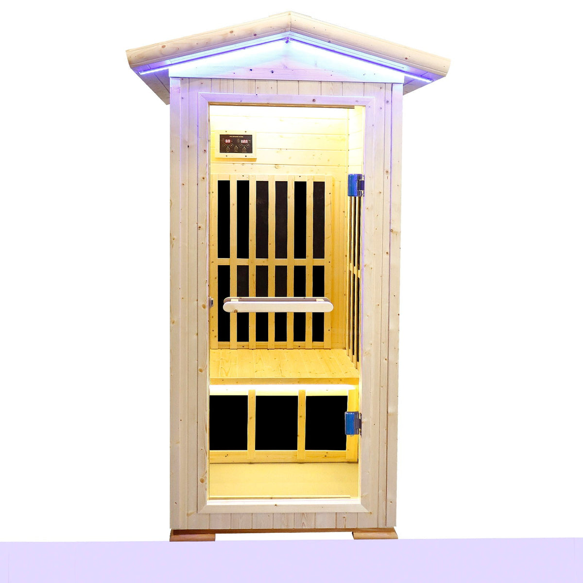 Single person spruce far infrared sauna in natural wood, front view