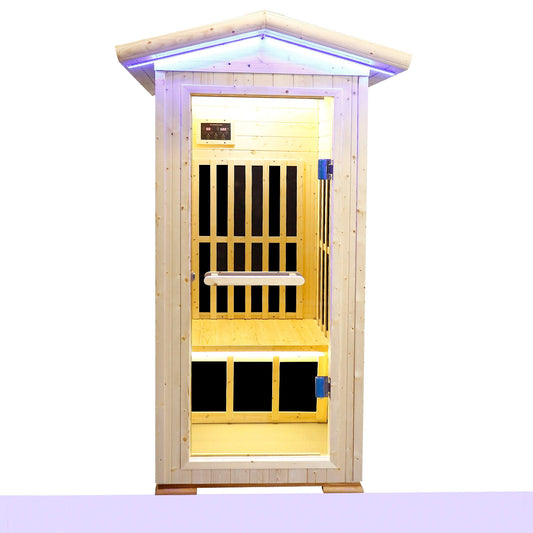 Single person spruce far infrared sauna in natural wood, front view