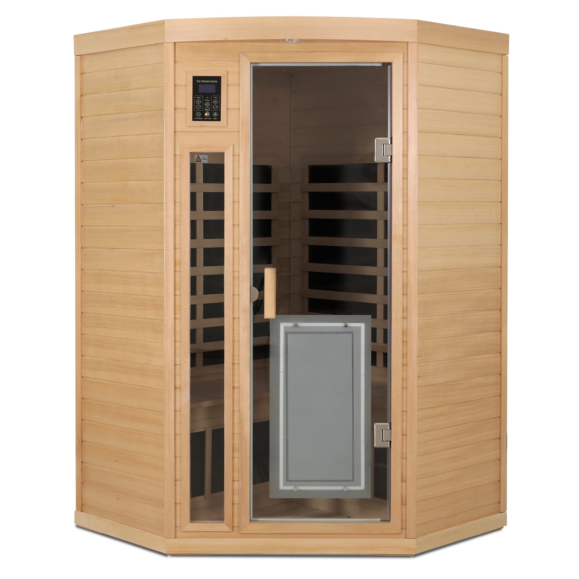 Low EMF hemlock corner sauna room with the interior lighting off