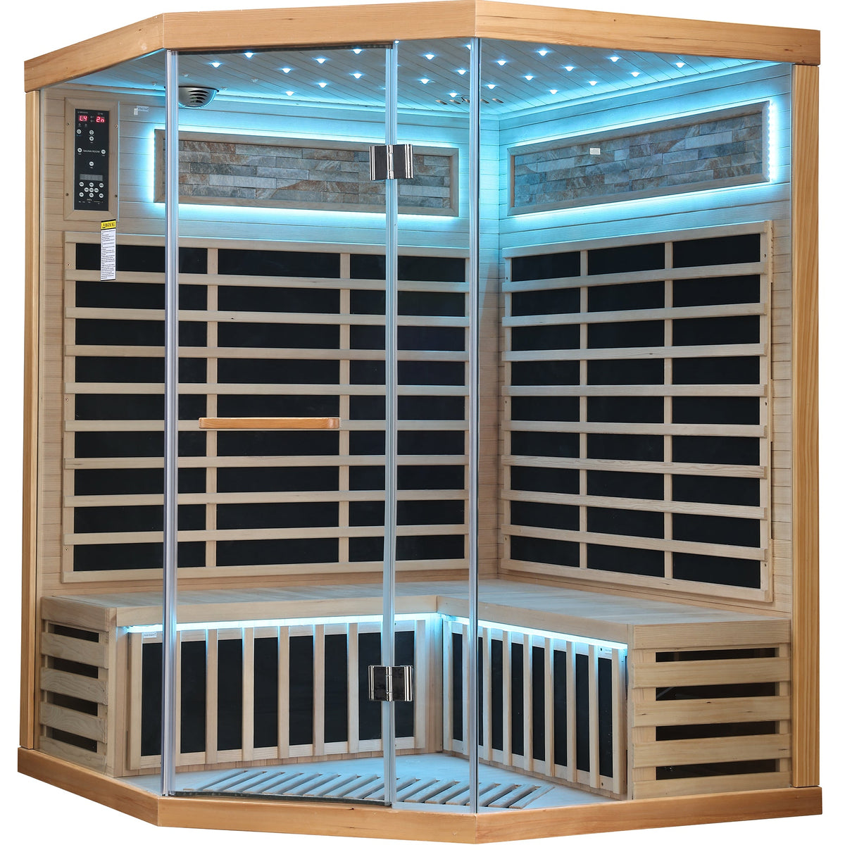 Family pentagonal infrared sauna with blue ambiance lighting