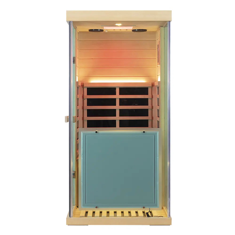 909MX 1-person ultra-low EMF infrared sauna with 270 degree glass and light therapy, exterior view