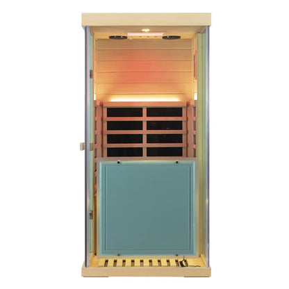 909MX 1-person ultra-low EMF infrared sauna with 270 degree glass and light therapy, exterior view