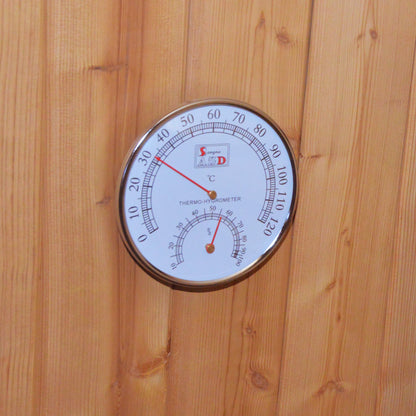 Cylindrical barrel sauna, rear view