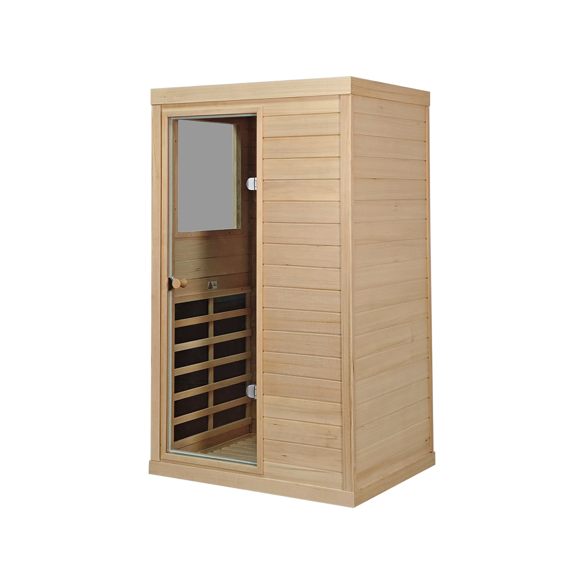Canadian hemlock 1-person indoor infrared sauna, angled view