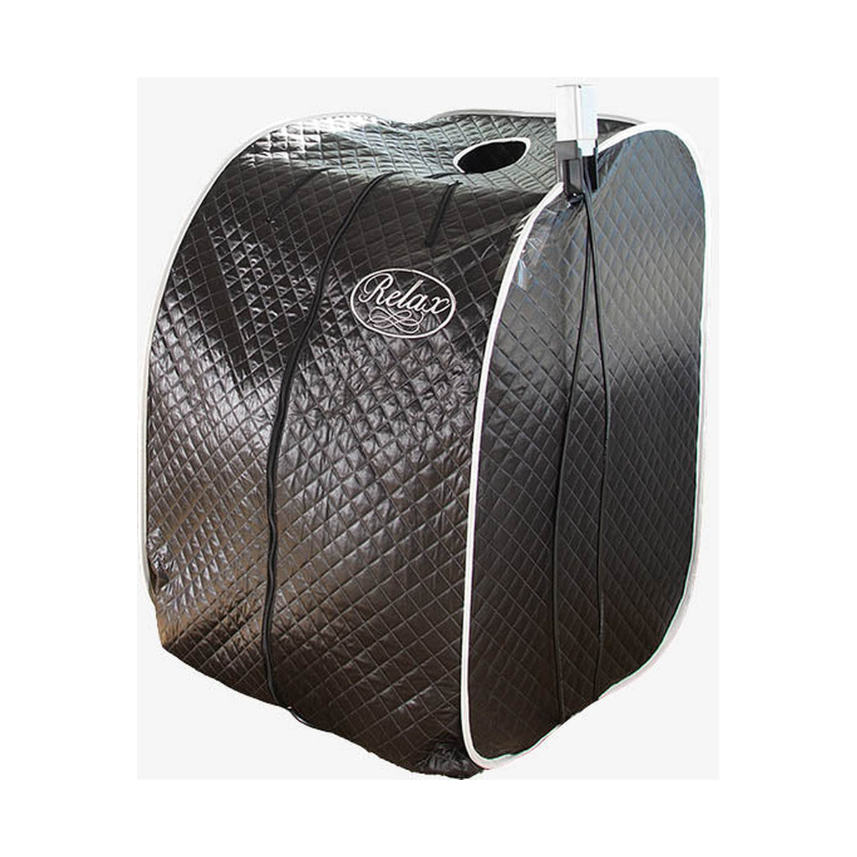 Black Pro portable far infrared sauna, zipped, on white background