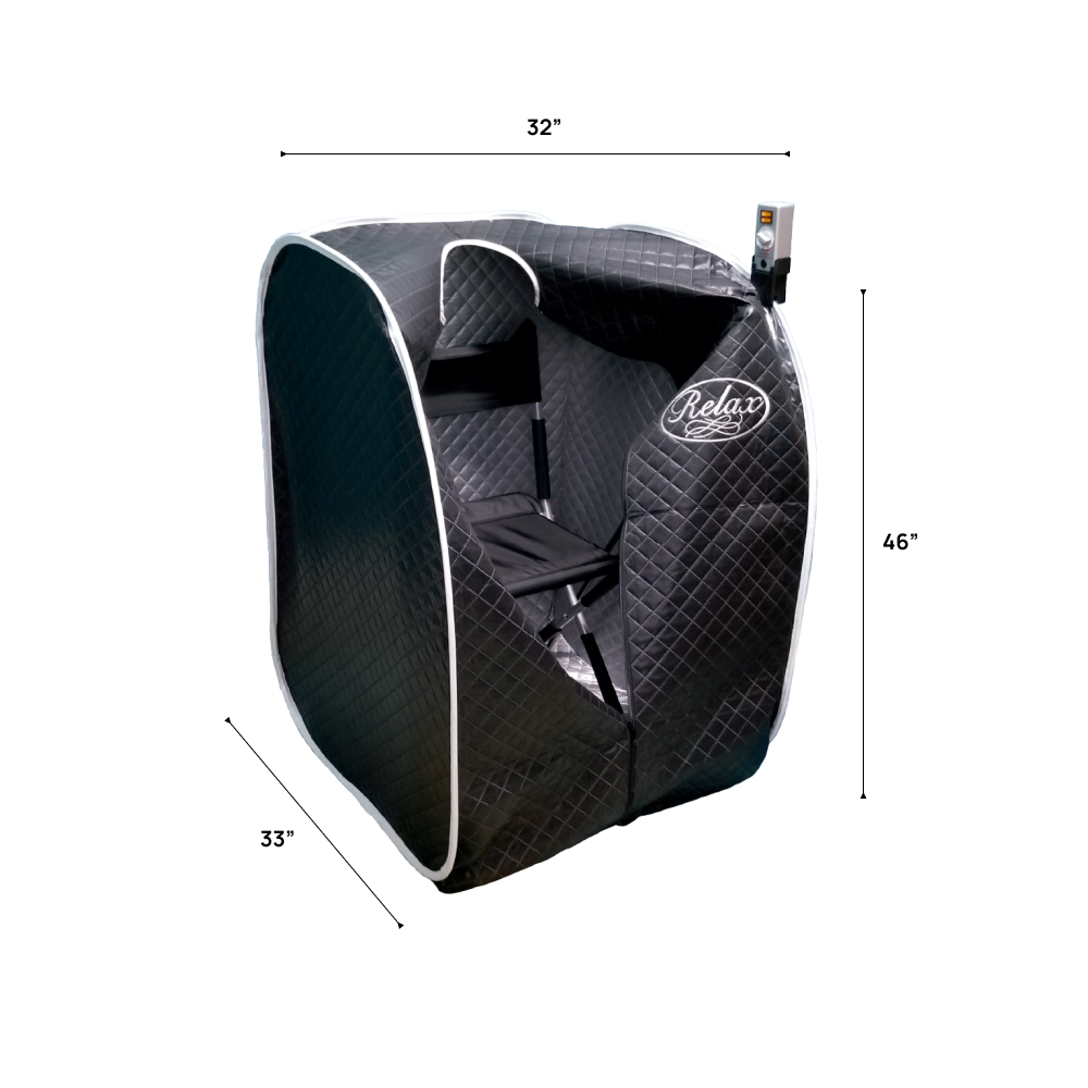 Relax Black Pro sauna dimensions diagram showing 32 inches wide, 33 deep and 46 tall