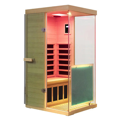 909MX 1-person ultra-low EMF infrared sauna with 270 degree glass and light therapy, detail view