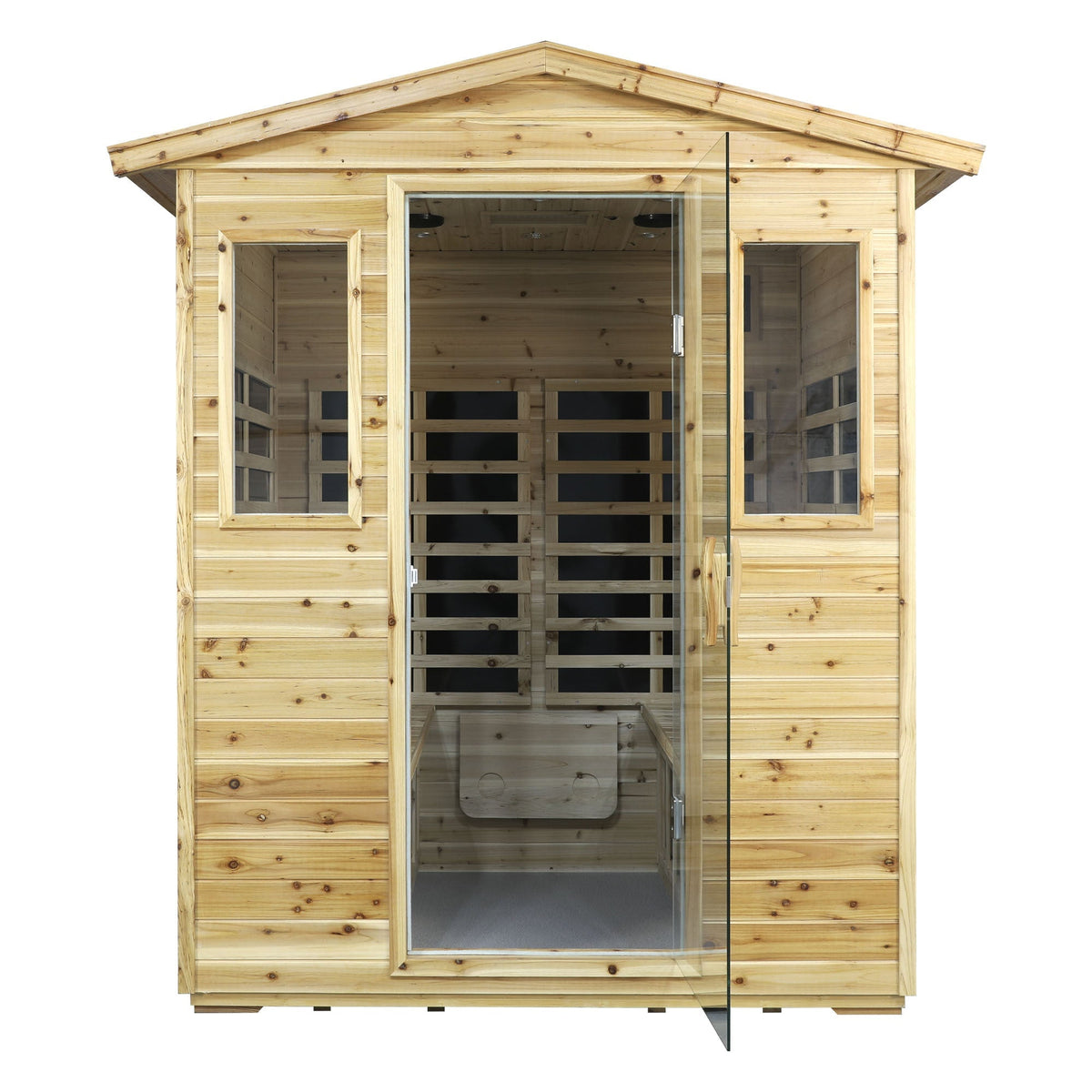 Four-person old fir outdoor infrared sauna with pitched roof and glass door, front view, on white background