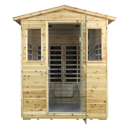 Four-person old fir outdoor infrared sauna with pitched roof and glass door, front view, on white background