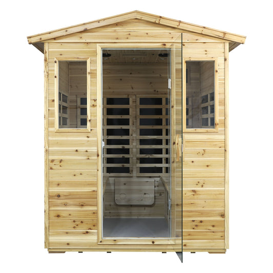 Four-person old fir outdoor infrared sauna with pitched roof and glass door, front view, on white background