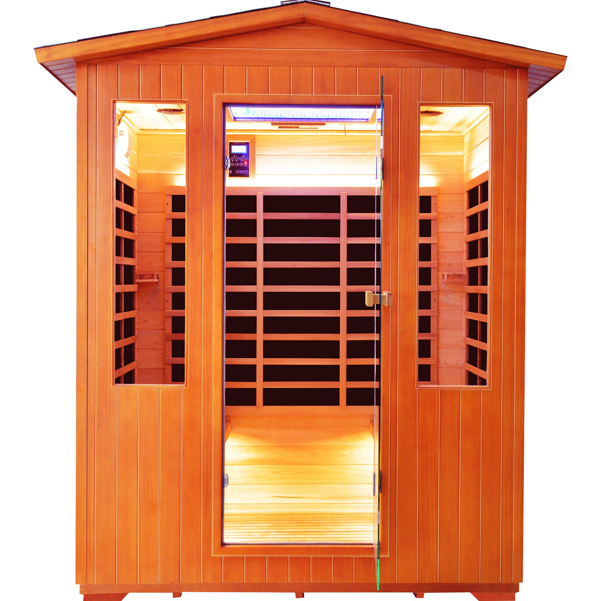 3-4 person outdoor infrared sauna, angled view