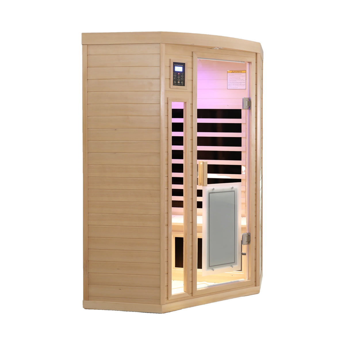 Low EMF 2-person corner Canadian hemlock infrared sauna with chromotherapy lighting, on white background