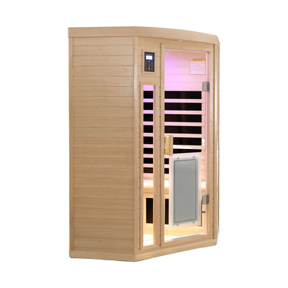 Low EMF 2-person corner Canadian hemlock infrared sauna with chromotherapy lighting, on white background