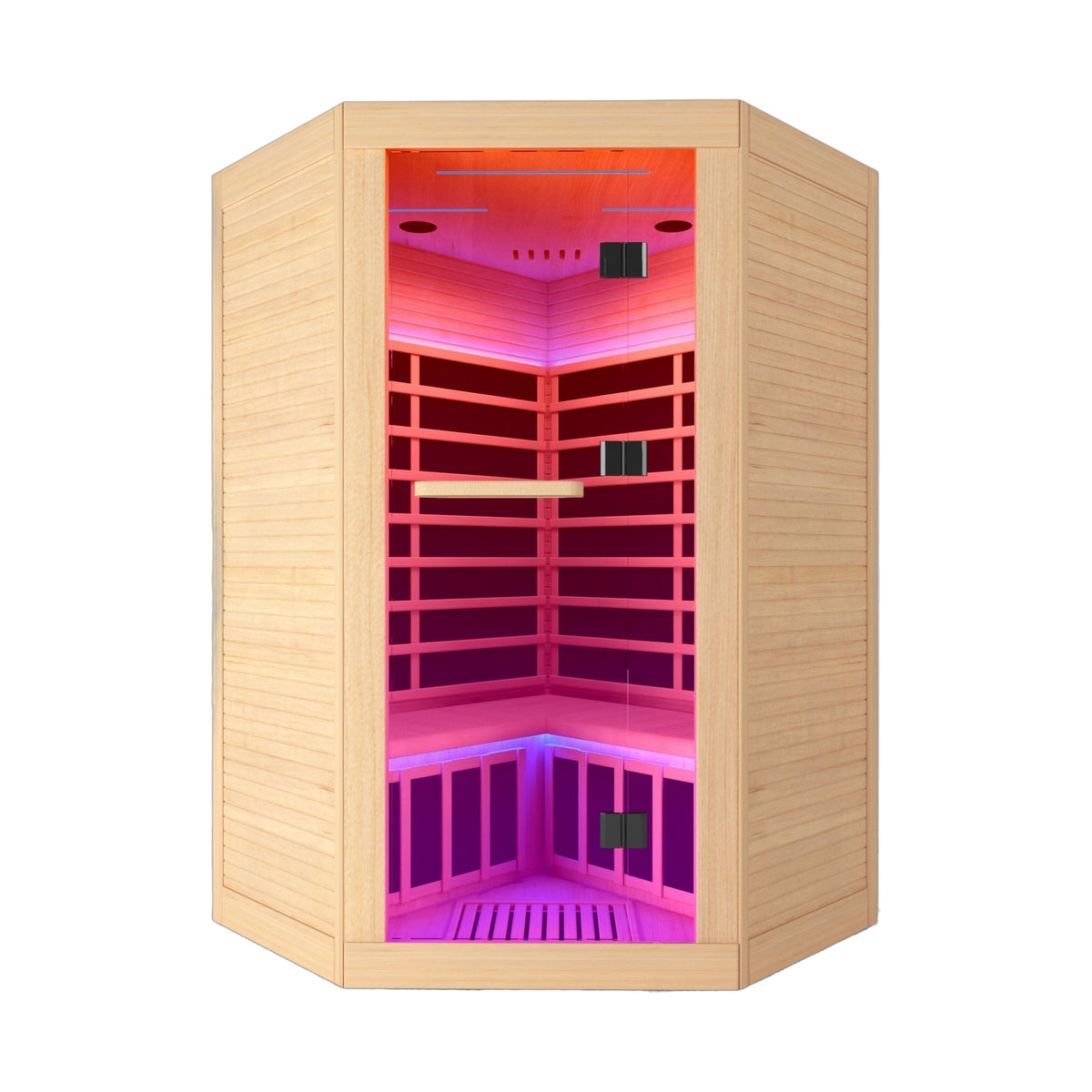 Canadian hemlock 2-person corner infrared sauna with LED lighting on white background