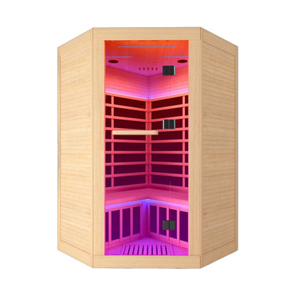Canadian hemlock 2-person corner infrared sauna with LED lighting on white background