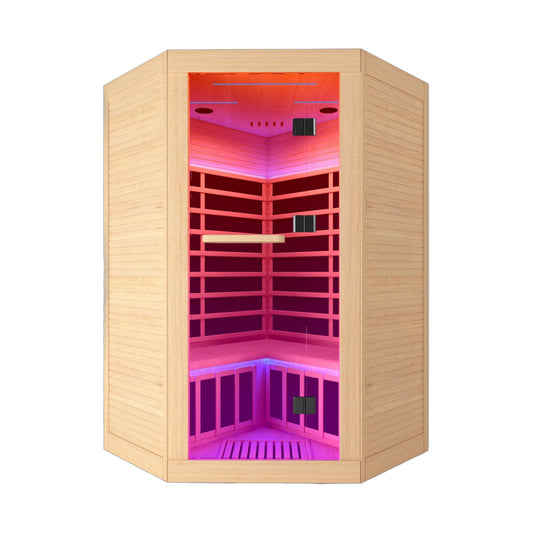 Canadian hemlock 2-person corner infrared sauna with LED lighting on white background