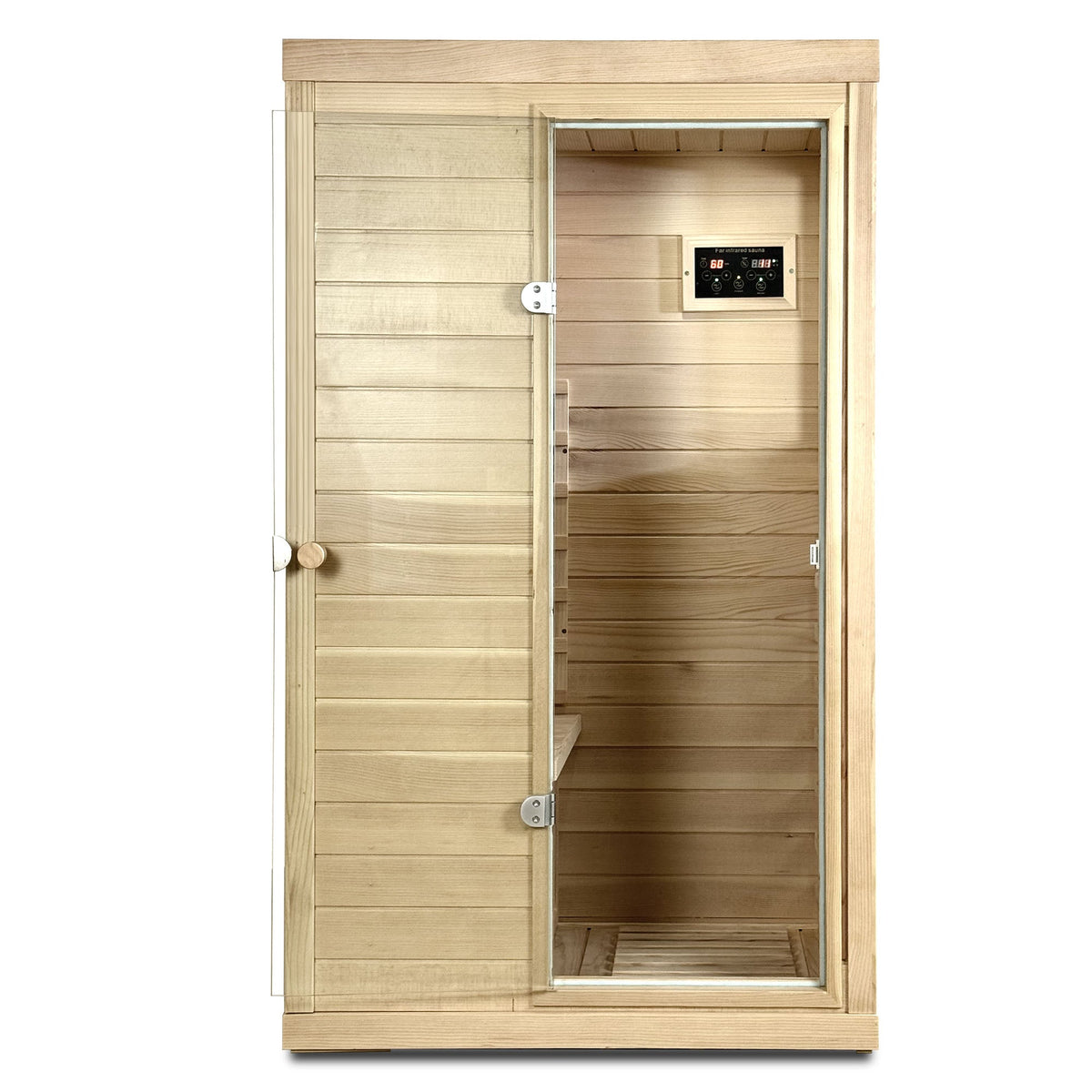 Canadian hemlock 1-person far infrared sauna with glass door and LCD control, front view, on white background