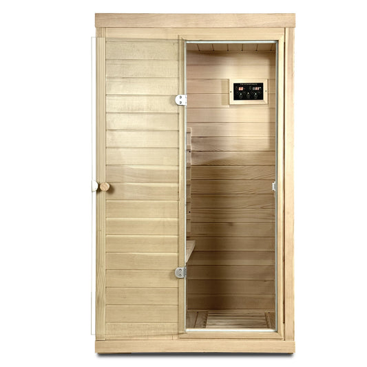 Canadian hemlock 1-person far infrared sauna with glass door and LCD control, front view, on white background