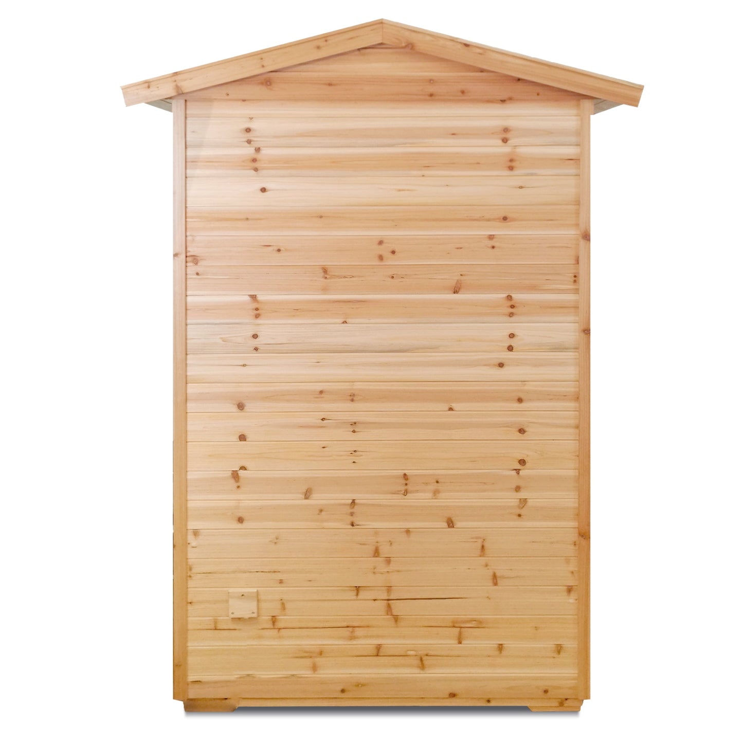 Rear exterior of the two person old fir outdoor sauna room showing the plank cladding